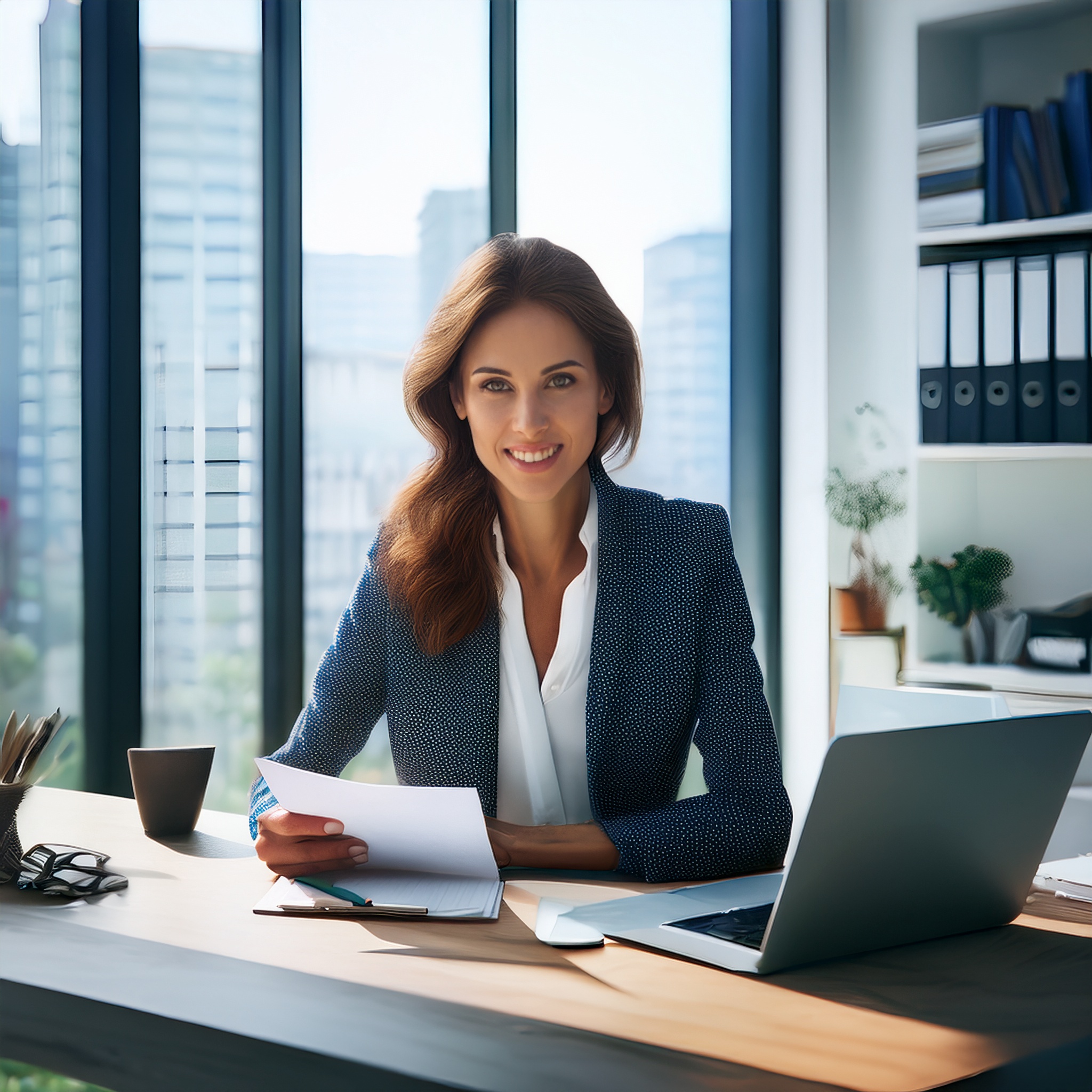 Frau in einem modernen Büro mit Laptop